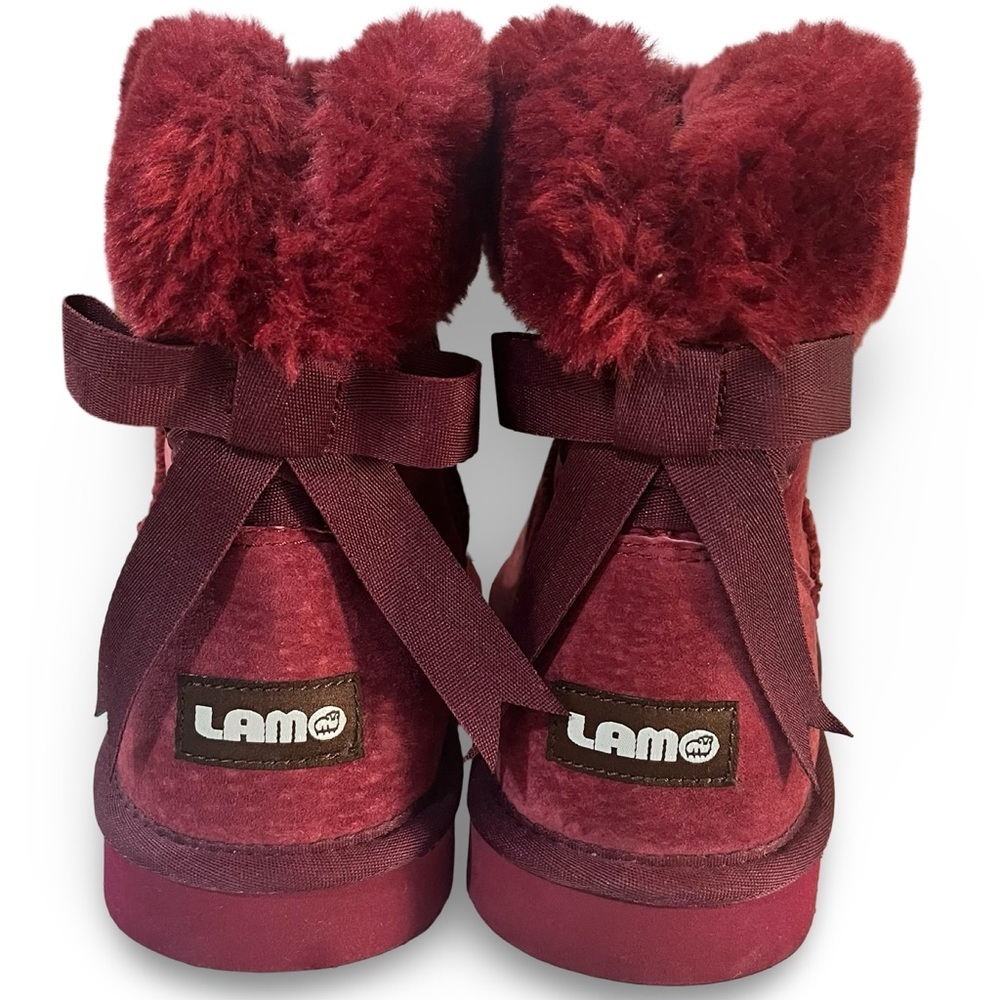 LAMO "Adele" Sheepskin Bow Boots in Burgundy Size 8